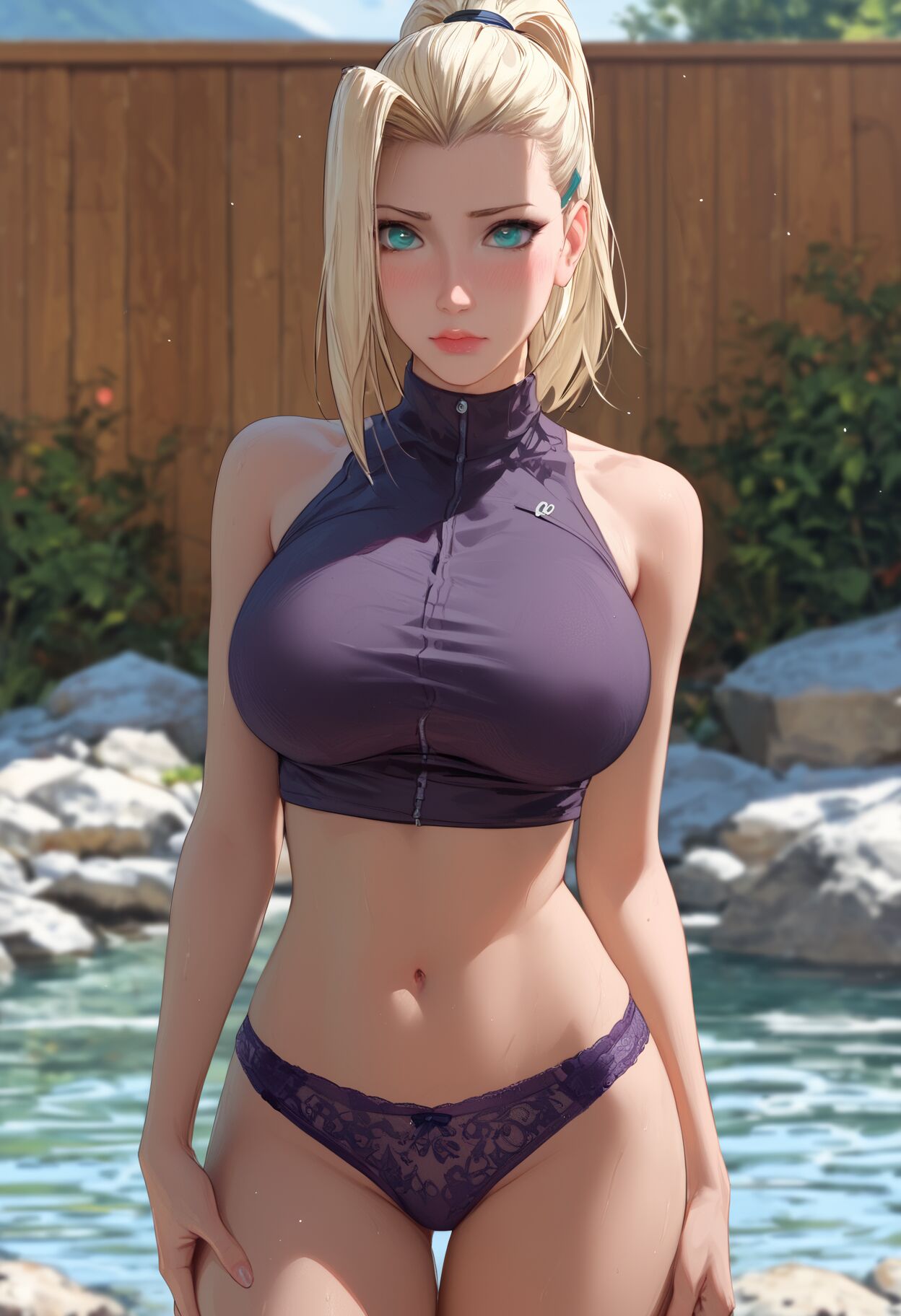 ai_generated big_breasts blonde_hair euskyart hot_spring ino_yamanaka lace-trimmed_panties looking_at_viewer midriff naruto naruto_(series) naruto_shippuden panties ponytail