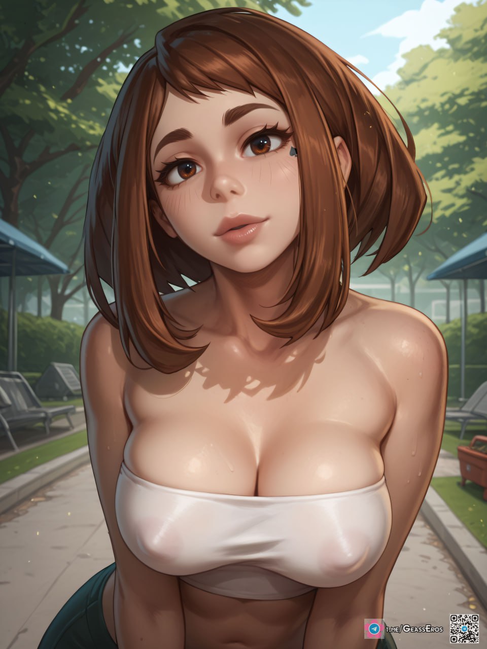 ai generated, face tattoo, female, geasseros, my hero academia, ochako uraraka, solo, spade tattoo, tube top, tubetop