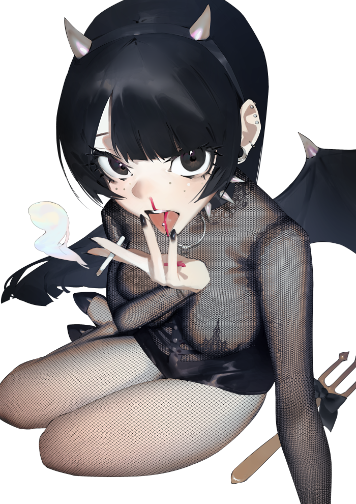 big_breasts black_eyes black_hair cigarette cleavage costume devil_horns ear_piercing eyelashes fishnet_clothing fishnets holding_cigarette horn_headband large_breasts looking_at_viewer original smoke smoking smoking_cigarette spiked_collar spikes thighs tongue tongue_out tongue_piercing white_background white_body wings