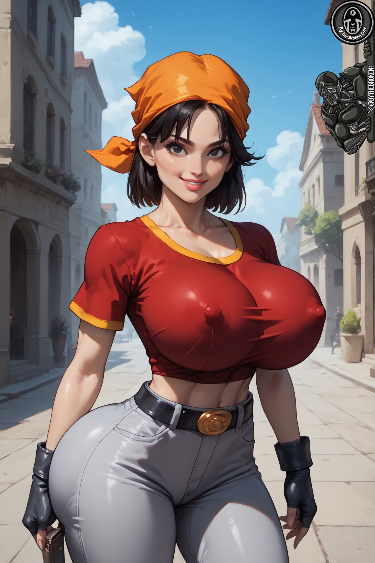 aged up, ai generated, bandana, big breasts, black eyes, black hair, breasts, bythebrokenone, dragon ball, dragon ball gt, female, jeans, nai diffusion, nipples visible through clothing, pan (dragon ball), stable diffusion