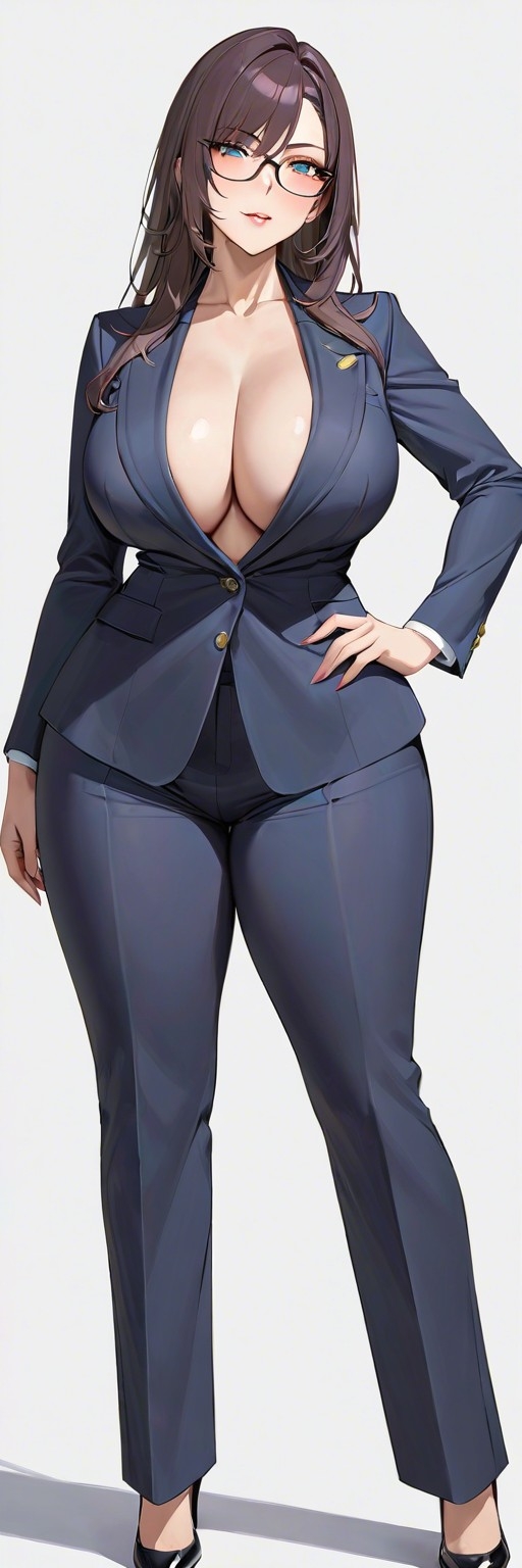 1girls ai_generated bangs big_breasts blazer blue_clothing blue_eyes blue_suit boss breasts brown_hair buisness_suit bust cleavage collarbone commentary_request curvaceous curves curvy curvy_body curvy_female curvy_figure curvy_hips deep_cleavage dominant dominant_female female female_focus female_only girlboss glasses hair hair_over_shoulder hand_on_hip high_heels hourglass_figure huge_breasts lia_the_busty_redhead long_hair long_lashes looking_at_viewer massive_breasts messy_hair no_bra no_shirt no_socks original original_character pants pumps self_upload shadow simple_background solo solo_female solo_focus stiletto_heels suit tagme underbust white_background wide_hips woman_in_suit