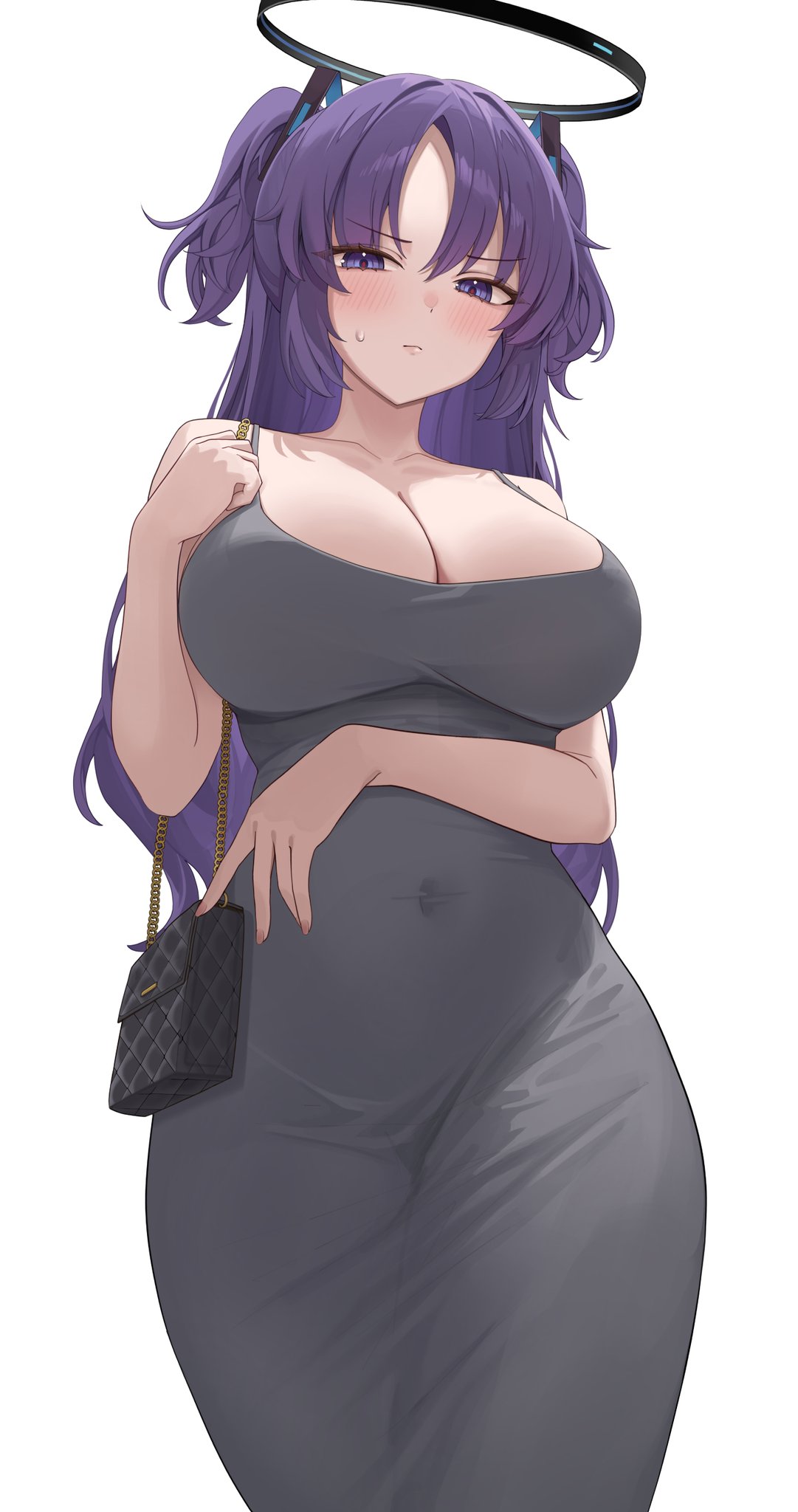 1girls big_breasts blue_archive blush breasts dongtan_dress hips huge_breasts light-skinned_female light_skin plain_background purple_eyes purple_hair rianya simple_background solo solo_female thick_thighs thighs tight_clothing tight_fit waist yuuka_(blue_archive)