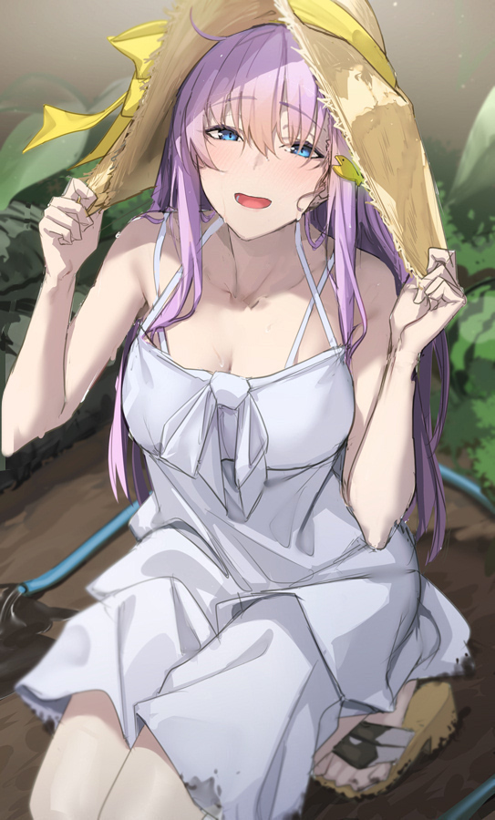 blue_eyes bow bra_strap breasts dirty dirty_clothes dress dress_bow female hair_ornament hat holding holding_hat holding_unworn_clothes konoe_nanami lamune long_dress long_hair multicolored_hair open_mouth pallad purple_hair sandals straw_hat sundress