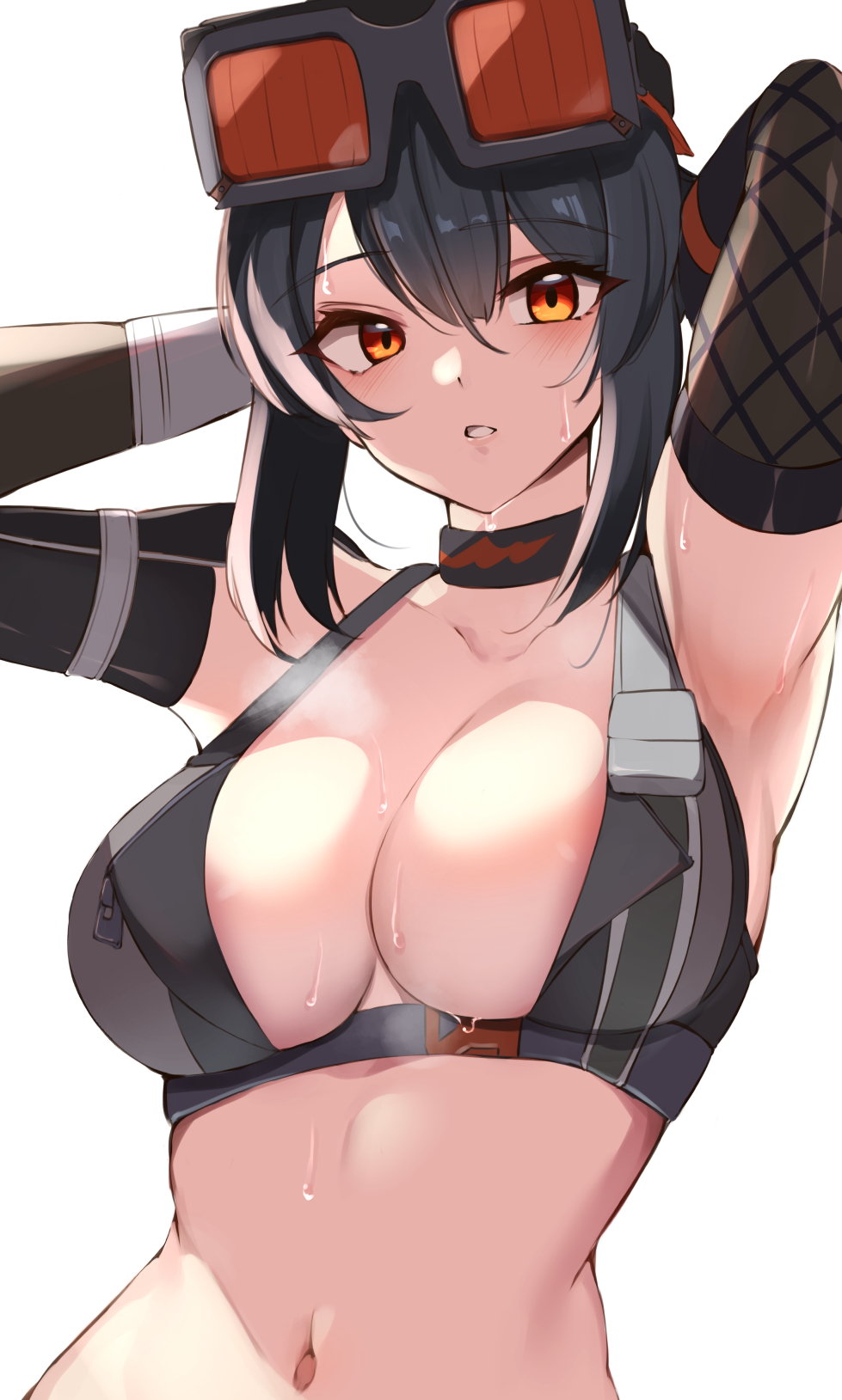 1girls armpits arms_behind_head arms_up bad_id bad_twitter_id bare_shoulders black_choker black_hair breasts choker cropped_legs eyebrows eyebrows_visible_through_hair eyelashes eyelashes_visible_through_hair goggles goggles_on_head grace_howard haneramu large_breasts looking_at_viewer midriff navel orange_eyes parted_lips short_hair simple_background solo stomach sweat sweaty_armpits twitter_link upper_body white_background zenless_zone_zero