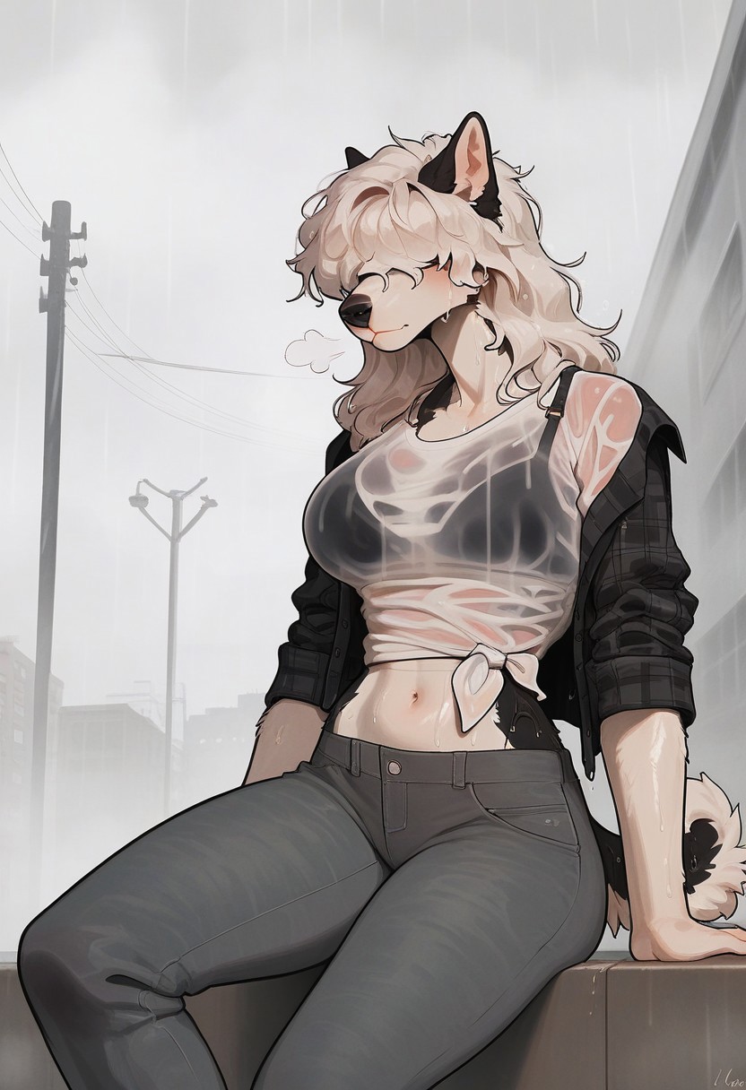 ai_generated baggy_clothing baggy_pants big_ass blush bra bra_visible_through_clothes button_down_shirt canine civitai dog_ears dog_girl eyes_covered female female_focus female_only flannel front_view furry furry_only furry_tail hair_between_eyes hair_covering_eye husky ihatethemic jeans looking_at_viewer looking_back medium_breasts nordic_sled_dog oc original_character pants rain raining sharp_teeth sitting solo solo_female solo_focus sweat sweaty sweaty_body t-shirt tagme thick_ass thick_thighs unbuttoned unbuttoned_shirt wet wet_body wet_shirt whale_tail whale_tail_(clothing) white_fur white_hair wide_hips