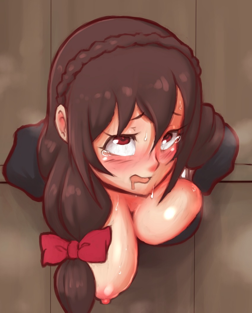 bent over, braid, breasts, drooling, erect nipples, female, half-closed eyes, highres, kono subarashii sekai ni shukufuku wo!, large breasts, nipples, one breast out, open mouth, pillory, public use, randomboobguy, rape, restrained, rolling eyes, side ponytail, solo, stuck in wall, sweat, tears, through wall, wall, yunyun (konosuba)