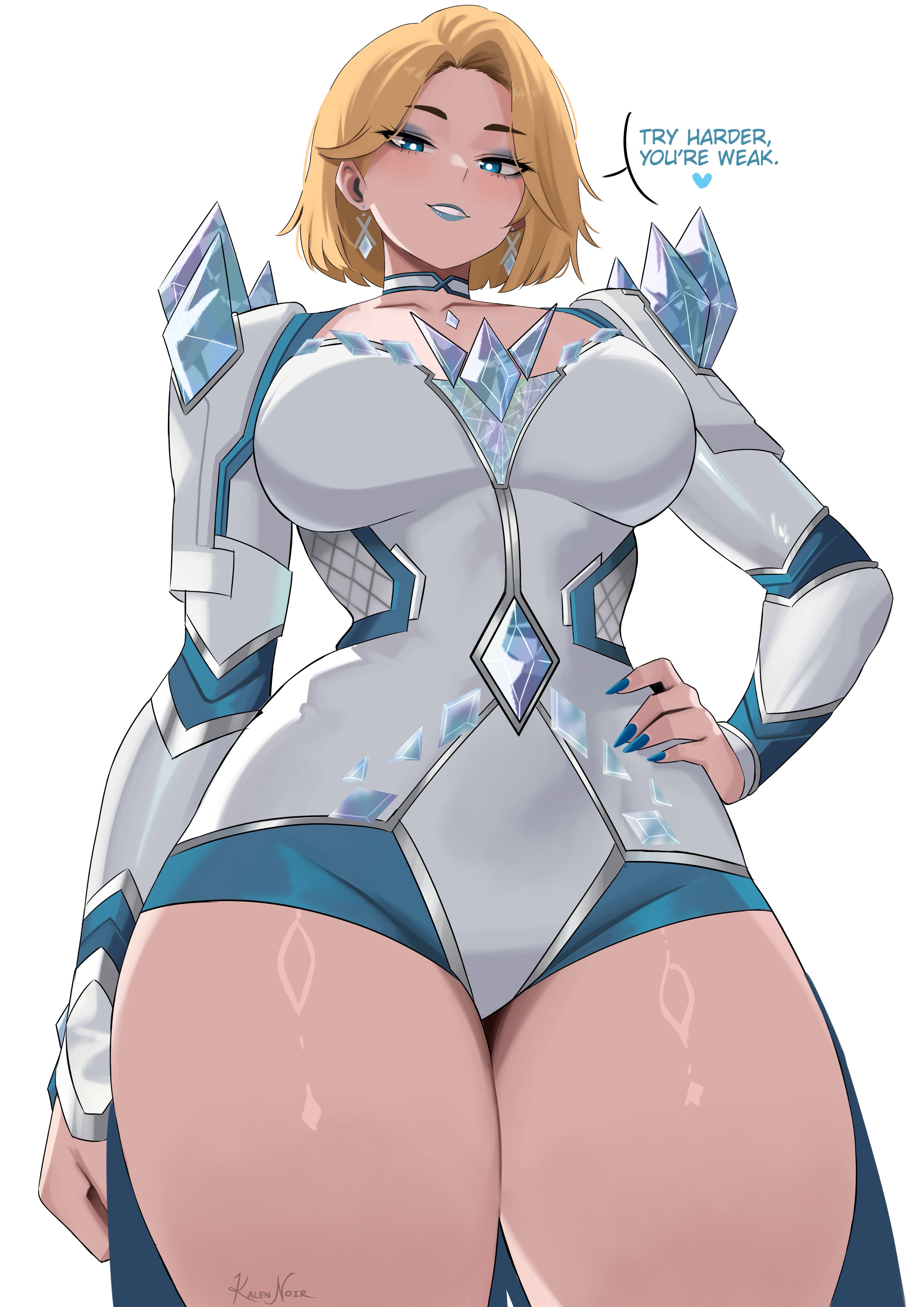 1girls, 2d, ass, below view, big ass, big breasts, blonde female, blonde hair, blue eyeshadow, blue lipstick, blue nails, bob cut, breasts, clothed, emma frost, emma frost (marvel rivals), eyelashes, eyeshadow, female, female only, fully clothed, kalennoir, light skin, light-skinned female, low-angle view, marvel, marvel comics, marvel rivals, medium hair, milf, solo, standing, thick legs, thick thighs, viewed from below