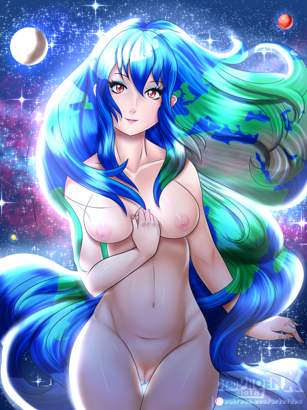 1girls areolae artist_logo artist_name blue_hair breasts completely_nude completely_nude_female deadphoenx earth-chan female female_only hi_res long_hair looking_at_viewer makeup moon multicolored_hair nipples nude pussy shaved_pussy smile solo space star stars two-tone_hair very_long_hair watermark