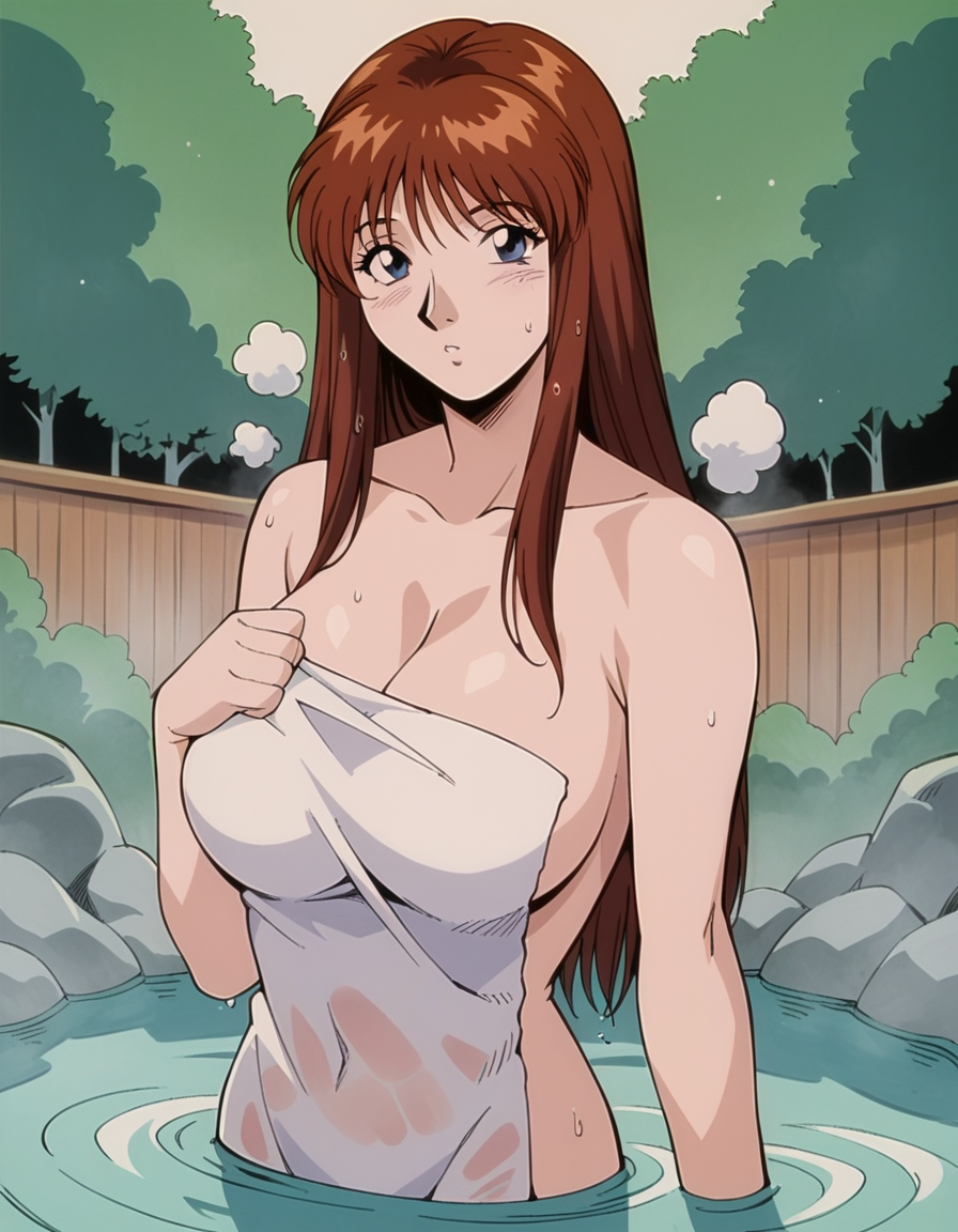 ai_generated big_breasts black_eyes blush breasts brown_hair cleavage female female_focus female_only great_teacher_onizuka hot_spring long_hair looking_at_viewer nomura_tomoko towel towel_only water