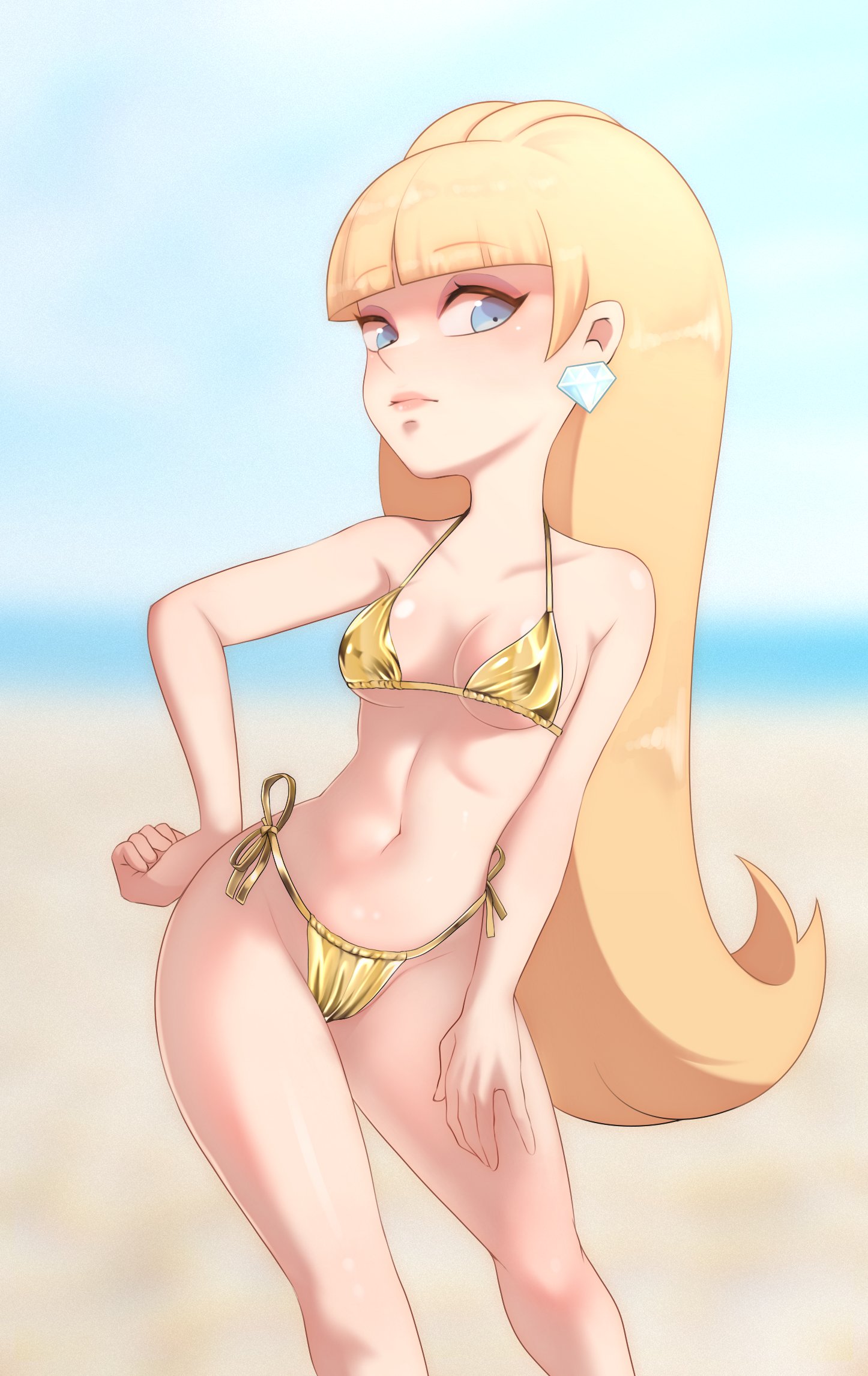 1girls, belly, big breasts, bikini, bikini bottom, bikini top, blonde hair, blue eyes, bottomwear, breasts, cleavage, diamond earrings, disney, disney channel, disney xd, ear piercing, earrings, female, female only, gold bikini, gravity falls, h space, hair, hand on hip, hips, lips, long hair, pacifica northwest, solo, solo female, swimwear, thighs, topwear, white female, wide hips, yellow bikini
