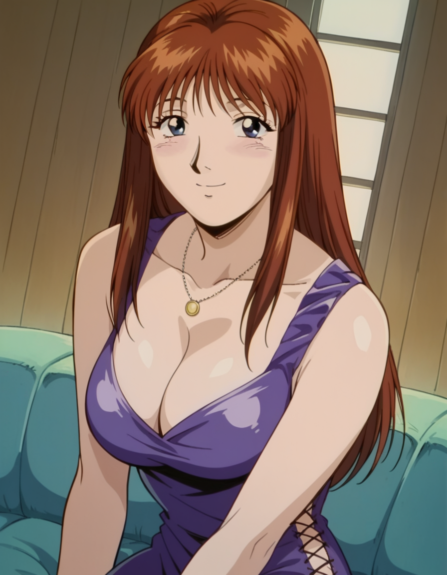 ai_generated black_eyes breasts brown_hair cleavage female female_focus female_only great_teacher_onizuka long_hair necklace nomura_tomoko purple_dress smiling