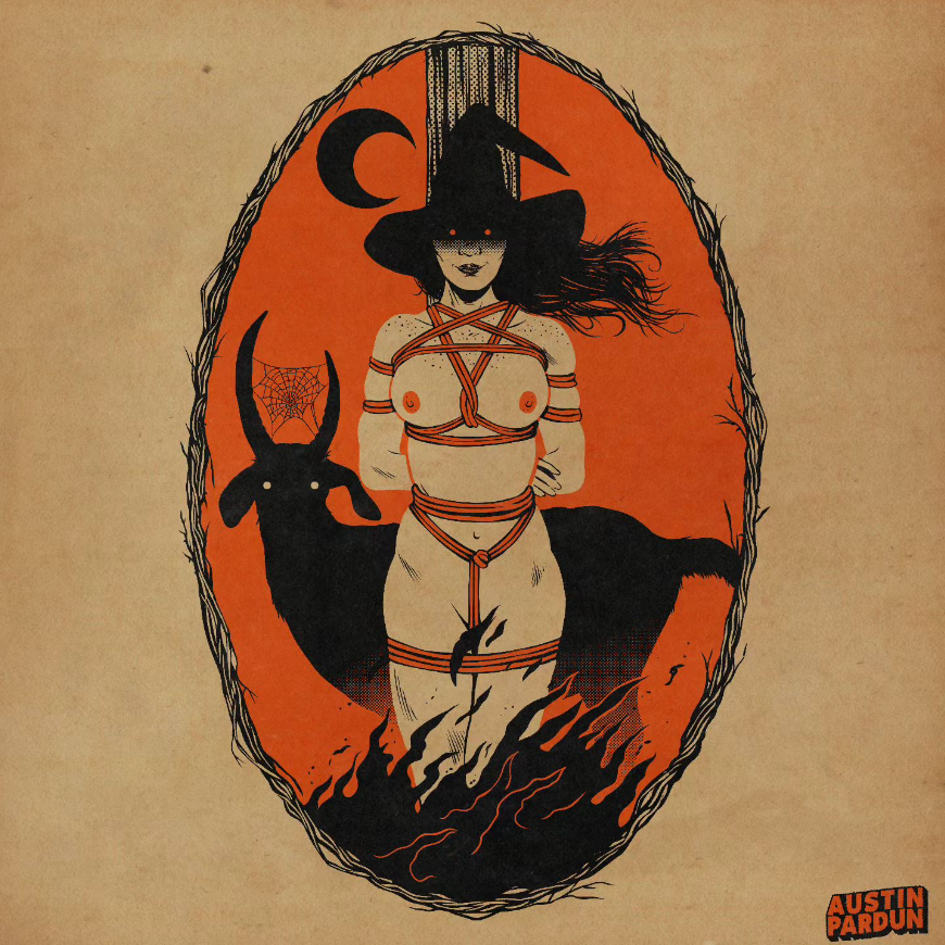 1girls 2023 artist_name austin_pardun black_lipstick fire freckles_on_shoulders goat kinbaku medium_breasts nipples nude nude_female orange_eyes orange_theme original original_character rope rope_bondage solo solo_female solo_focus stake witch witch_hat