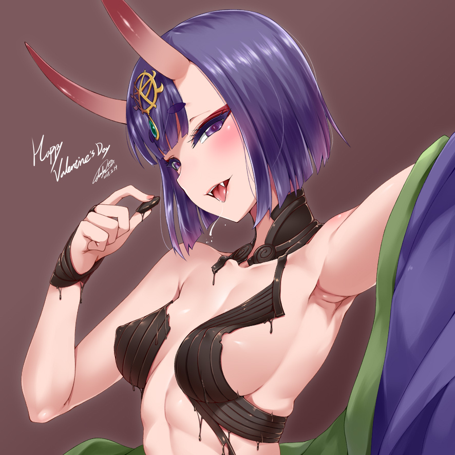 1girls, armpits, breasts, chocolate, cleavage, covered nipples, darkmaya, fate (series), fate/grand order, female, female only, food, looking at viewer, pointy chin, short hair, shuten douji (fate), solo, tongue, tongue out, upper body