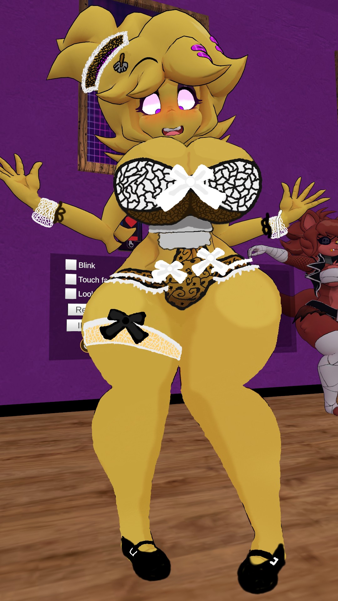 cally3d chica_(cally3d) chica_(fnaf) chiku cosplay cryptiacurves embarrassed fexa five_nights_at_freddy&#039;s foxy_(cally3d) foxy_(fnaf) fredina&#039;s_nightclub maid pose vrchat