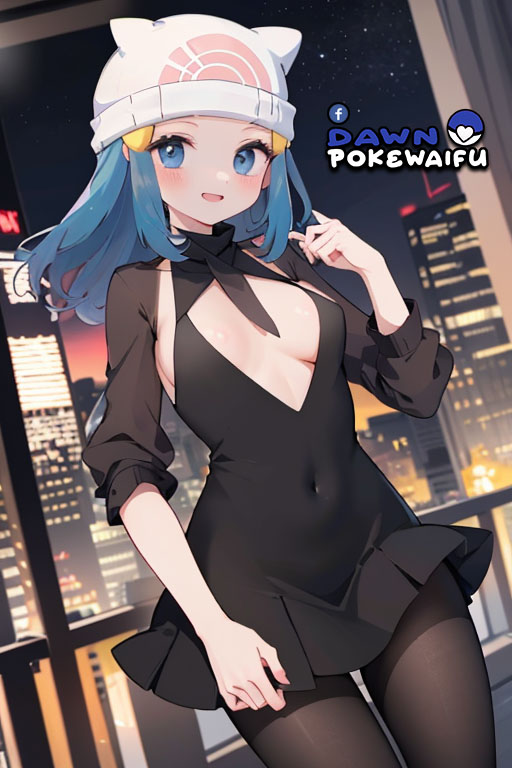 ai_generated black_minidress black_pantyhose blue_eyes blue_hair dawn_(pokemon) game_freak minidress nintendo pokemon pokemon_dppt small_breasts thighs