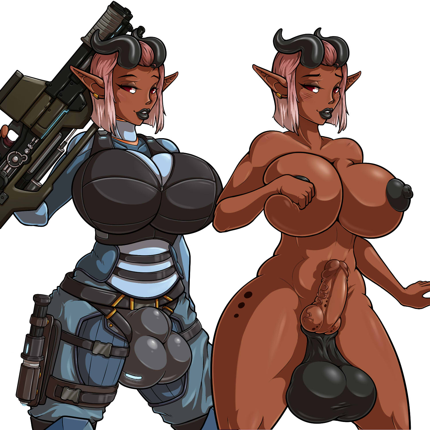 1futa, adjatha, areolae, balls, big breasts, breasts, bulge, dark skin, dark-skinned futa, dickgirl, dzaan, erection, full-package futa, fully sheathed, futa only, futanari, horns, huge balls, huge testicles, intersex, large breasts, looking at viewer, nipples, penis, penis under clothes, pointy ears, sheath, sheath outline, solo futa, testicles, trials in tainted space