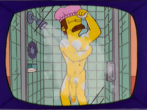 1boy brown_hair circumcised closed_eyes double_dicks_(artist) edit flaccid gay huge_cock human large_penis long_penis male male_only mustache ned_flanders nude screenshot screenshot_edit shower_cap showering soap soap_suds solo the_simpsons veiny_penis water