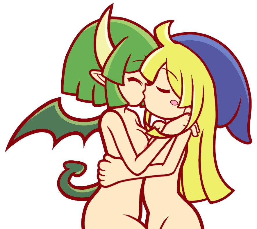 2024 2girls accurate_art_style alternate_version_available areola_peek artstyle_imitation blonde_hair blush blush_sticker breasts closed_eyes completely_nude completely_nude_female draco_centauros dragon dragon_girl dragon_tail dragon_wings female female_only furii_(artist) green_hair hat hat_only horns kissing light-skinned_female light_skin nude nude_female puyo_puyo puyo_puyo_artstyle sega style_parody tail transparent_background wings witch witch_(puyo_puyo) yuri