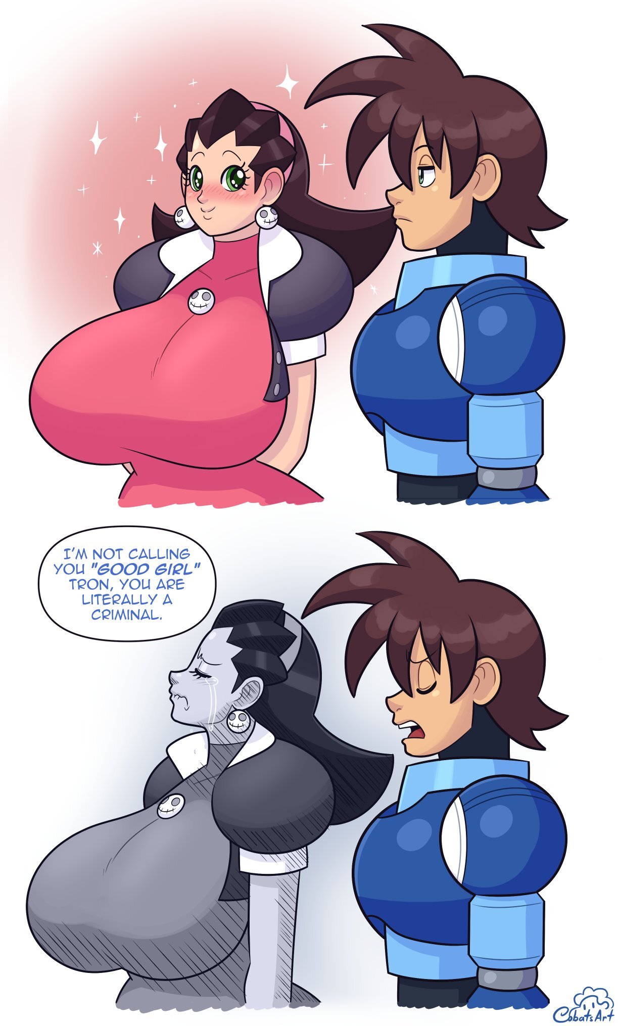 1boy 1girls blue_eyes blush capcom cobatsart crying english_text female funny green_eyes huge_breasts humor im_not_calling_you_a_good_boy male mega_man mega_man_(character) mega_man_legends mega_man_volnutt meme simple_background sparkles sparkling speech_bubble text tron_bonne twitter_link