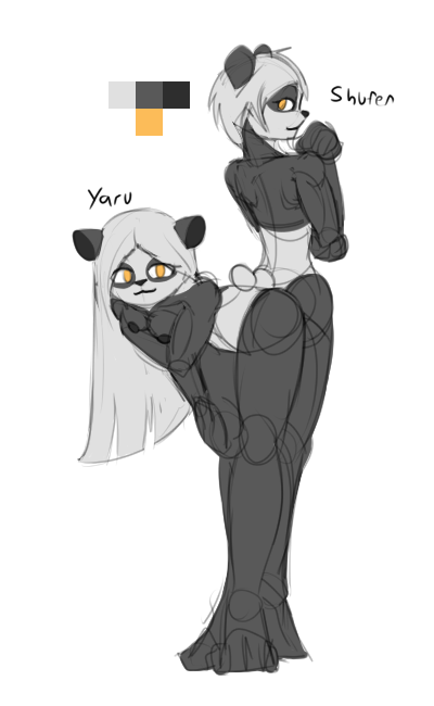 anthro ass_to_ass bear bent_over black_body black_fur black_lips black_nipples black_nose breasts duo female fur giant_panda hair holding_breast lips long_hair looking_at_viewer looking_back mammal nipples reakuthecrate short_hair shufen_(reakuthecrate) sibling_(lore) sister_(lore) sisters_(lore) small_breasts small_tail tail twins_(lore) white_body white_fur yaru_(reakuthecrate) yellow_eyes