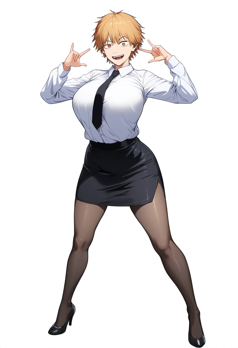 ai_generated big_breasts bimbo breasts chainsaw_man denji_(chainsaw_man) gender_transformation genderswap genderswap_(mtf) gigantic_breasts heels high_heels huge_breasts long_legs pencil_skirt rule_63 shirt smile tie