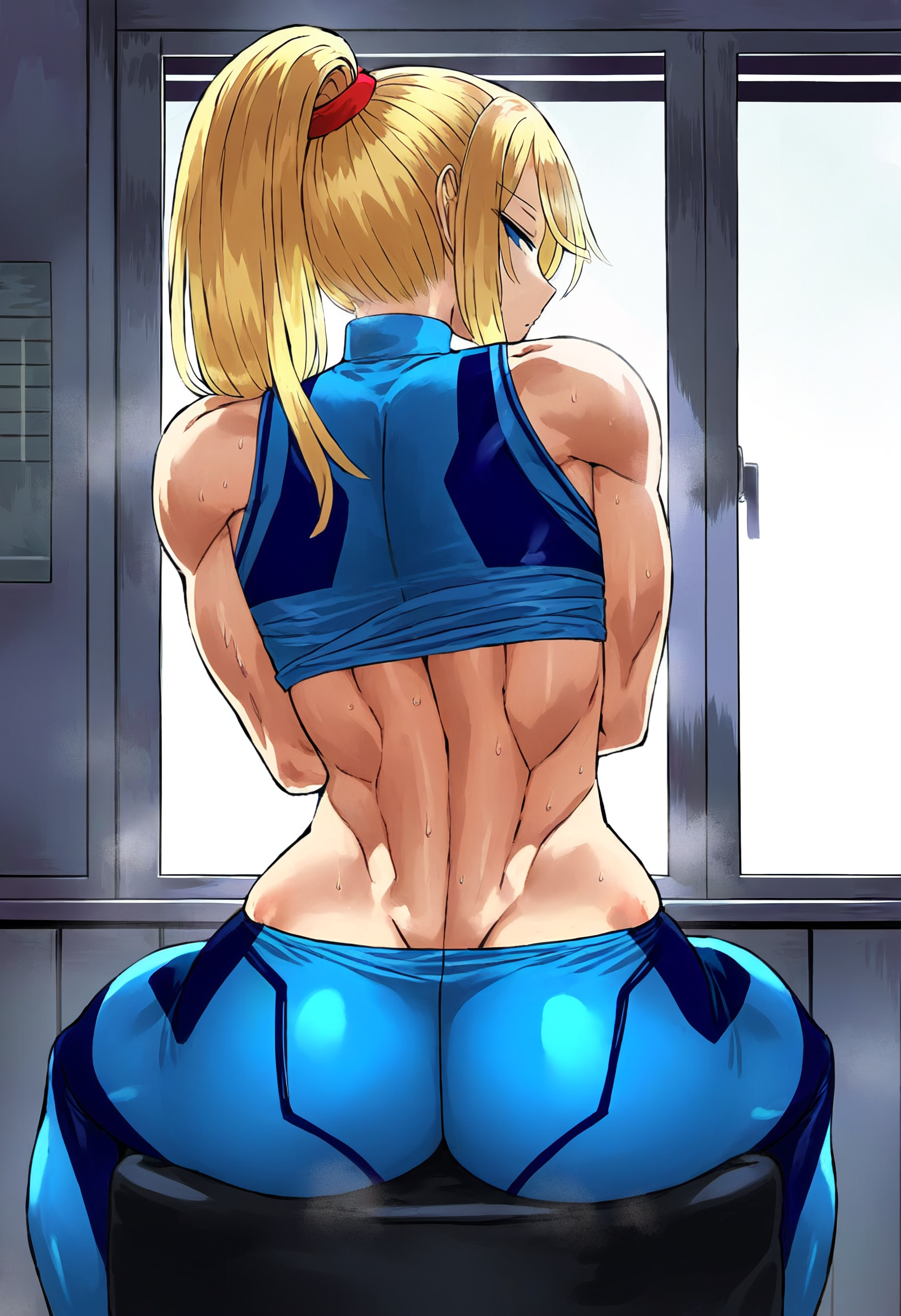 1girls, ai generated, ass, back muscles, back view, big ass, blonde hair, bodysuit, clothed, clothed female, fat ass, female, female focus, female only, giant ass, half-closed eyes, huge ass, huge butt, latex, latex suit, looking at viewer, looking back, looking over shoulder, metroid, metroid prime, muscle mommy, muscles, muscular, muscular female, nintendo, plump ass, plump butt, ponytail, samus aran, shirt lift, shirt up, skin tight, solo, solo female, solo focus, steaming body, sweat, tight clothing, toned, toned body, toned female, viewed from behind, zero suit, zero suit samus