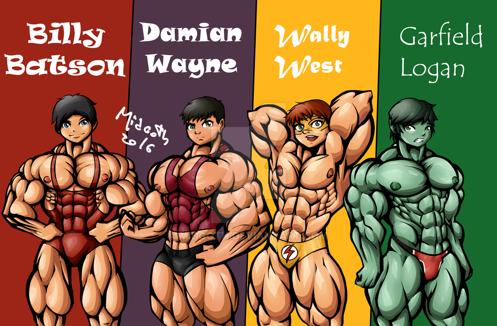 2016 4boys bara beast_boy big_muscles big_pecs billy_batson black_hair blue_eyes bulge damian_wayne dc dc_comics erect_nipples exposed_nipples flaccid flexing garfield_logan green_eyes green_hair green_skin kid_flash leotard looking_at_viewer male male_only muscle no_visible_genitalia partially_clothed red_hair robin_(damian_wayne) robin_(dc) shazam showing_off superhero tan thick_thighs tight_clothing topless wally_west