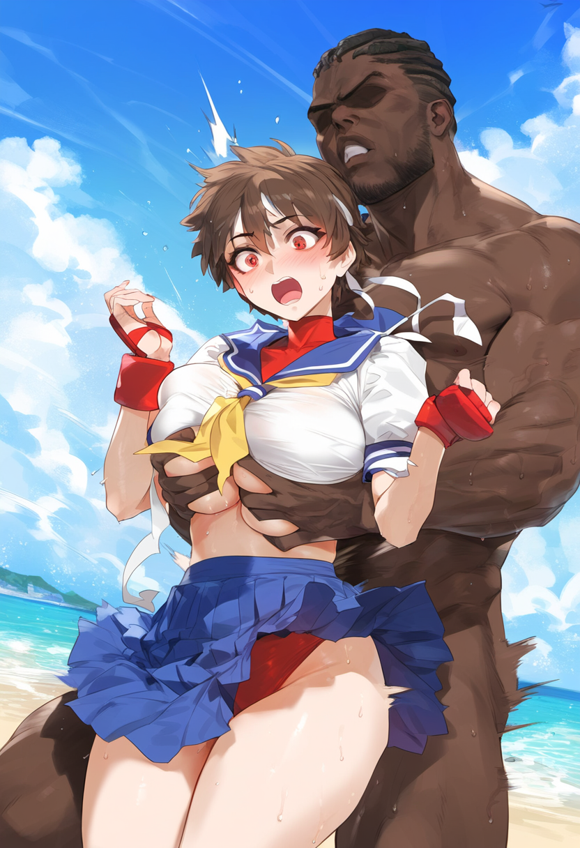 1boy 1girls ai_generated beach big_breasts black_hair breast_grab breasts brown_eyes brown_hair dark-skinned_male dark_skin female headband huge_breasts interracial kord_ai large_breasts sakura_kasugano school_uniform skirt straight street_fighter surprised tagme thick_thighs voluptuous_female