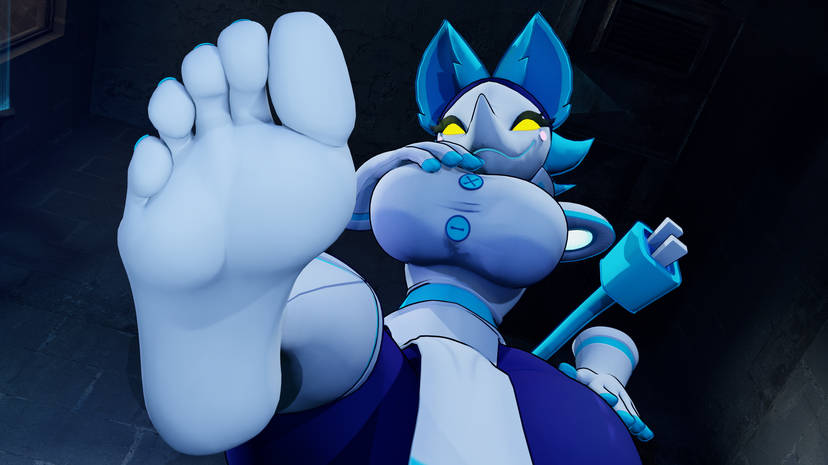 3d arcticchilifries barefoot black_body blue_body blue_toenails deltarune feet foot_fetish fur furry tasque_manager_(deltarune) toenails toes