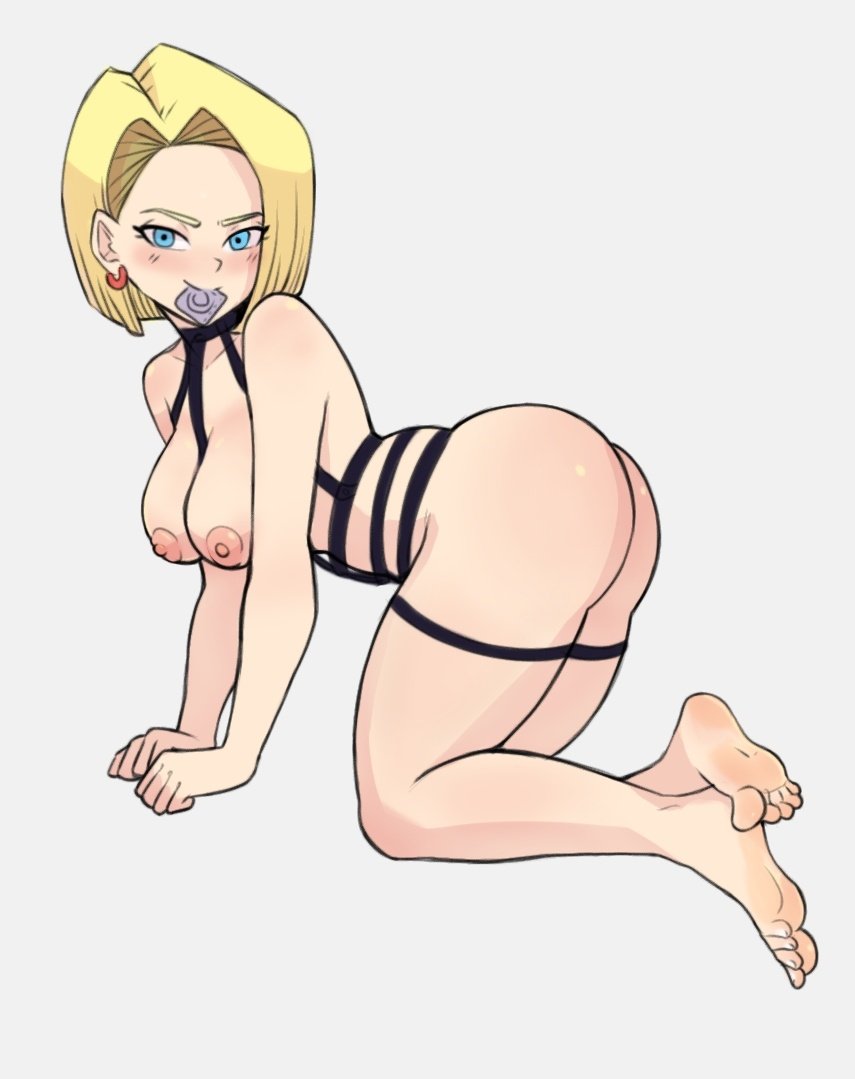 android_18 ass blonde_hair blue_eyes breasts condom condom_in_mouth dragon_ball_z feet looking_at_viewer nipples redemondraws soles solo_female white_skin