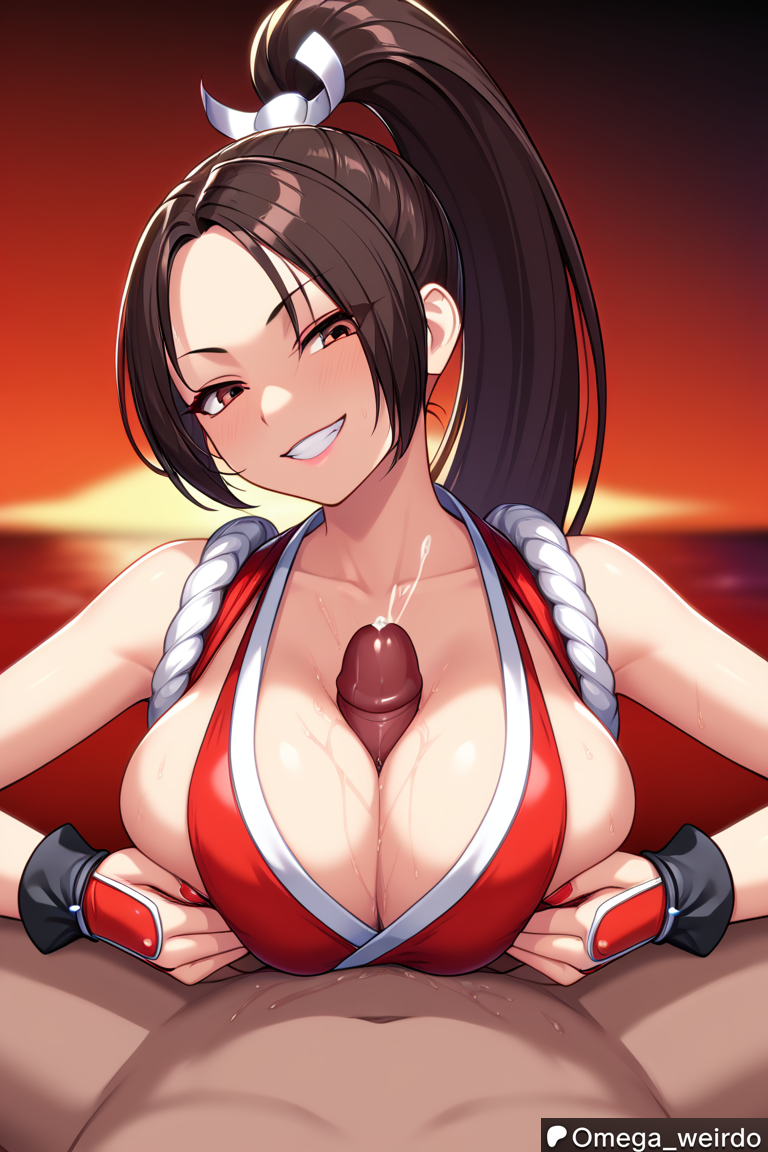 1girl1boy ai_generated big_breasts brown_eyes brown_hair dominant_female evil_grin evil_smile female huge_breasts king_of_fighters kneeling kneeling_oral_position long_hair looking_at_partner looking_at_viewer mai_shiranui omega_weirdo outdoors paizuri patreon ponytail pov smile smiling smiling_at_viewer street_fighter sunset titjob titjob