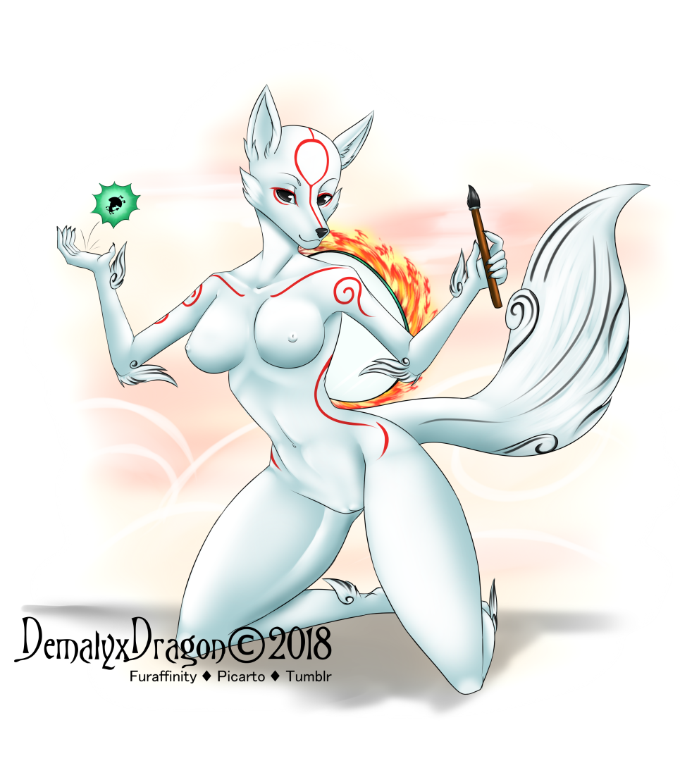 2018 5_fingers amaterasu anthro areola bedroom_eyes breasts brush canine casual_nudity deity demalyxdragon erect_nipples female fur furry half-closed_eyes holding_object issun kneeling large_breasts looking_at_viewer mammal markings midriff navel nipples nude okami pussy red_markings seductive simple_background smile white_fur wolf