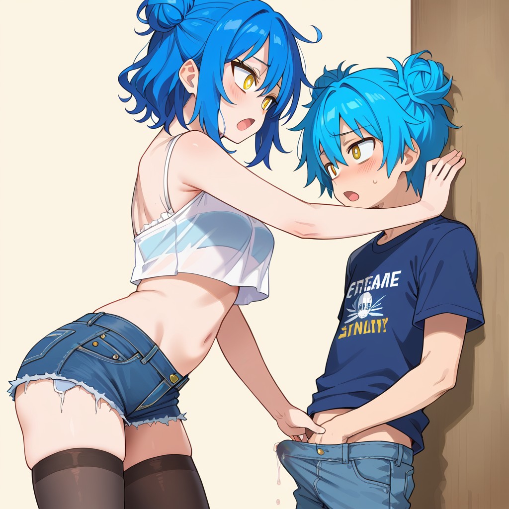 1boy 1girls ai_generated blue_frog blue_hair clothed_handjob crop_top hair_buns handjob handjob_under_clothes jean_shorts leaking_precum original_characters precum selfcest shorter_male thick_thighs thighhighs yellow_eyes