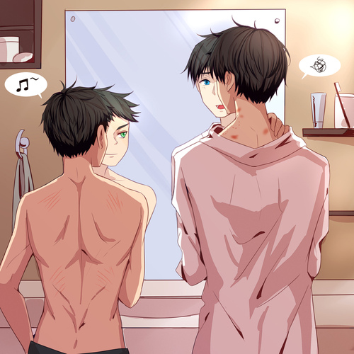 2boys after_sex batman_(series) bite_mark blue_eyes chain247 damian_wayne dc dc_comics dick_grayson duo duo_focus green_eyes height_difference hickey hickey_marks hickeys_on_neck kiss_mark kiss_mark_on_neck male male/male male_focus male_only mirror morning_after nightwing robin_(damian_wayne) robin_(dc) scratch_marks scratches shirtless yaoi