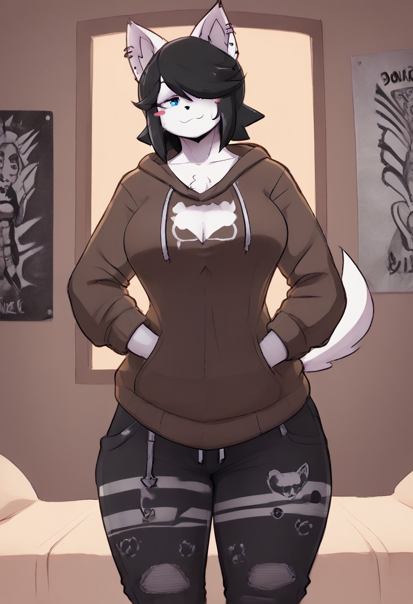 :3 ai_generated animal_ears bedroom big_breasts black_hair blue_eyes blush brown_hoodie civitai clothed clothing dog_ears dog_girl dog_tail female female_focus female_only furry hands_in_pockets head_tilt hoodie ihatethemic large_ass large_breasts low_pants maggie_applebee midriff short_hair slight_smile smile solo solo_female solo_focus sweatpants sweatshirt tagme thick_ass thick_thighs white_fur wide_hips