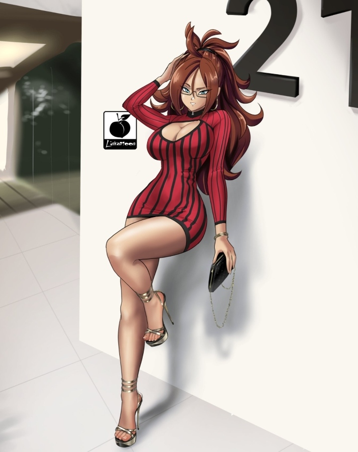 1female 1girls against_wall android_21 ass big_ass big_breasts black_and_red_dress blue_eyes boob_window breasts brown_hair cleavage cleavage_cutout cleavage_dress cleavage_window dragon_ball dress earrings female female_only glasses high_heels hoop_earrings legs light-skinned_female linkartoon long_hair long_sleeves looking_at_viewer one_leg_up solo solo_female striped_dress thick thick_ass thick_thighs thighs twitter twitter_link two_tone_clothing two_tone_dress voluptuous voluptuous_female wide_hips