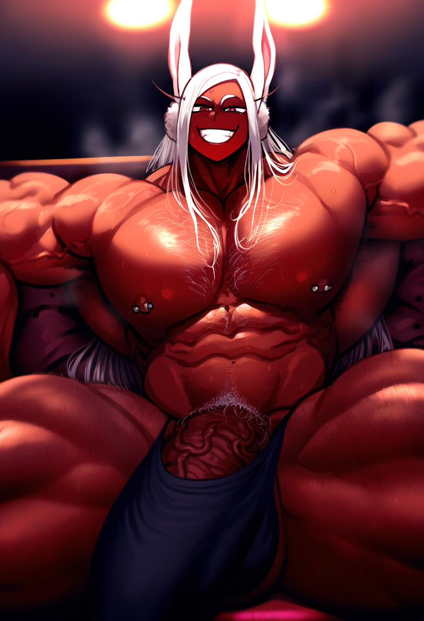 abs ai_generated ambush_(trap) arms bara body_hair boku_no_hero_academia bulge chest chest_hair dark-skinned_male erection_under_clothes from_below gloopai grin hairy huge_bulge huge_pecs leg_hair long_hair looking_at_viewer looking_down male male_only mirko miruko muscles muscular muscular_arms muscular_male muscular_thighs musk my_hero_academia nai_diffusion nipple_piercing nipples novelai pecs pectorals penis_under_clothes rule_63 rumi_usagiyama shiny_skin smell smirk smug steam steaming_body steamy_breath taker_pov vein veins veiny veiny_arms veiny_muscles veiny_penis white_hair