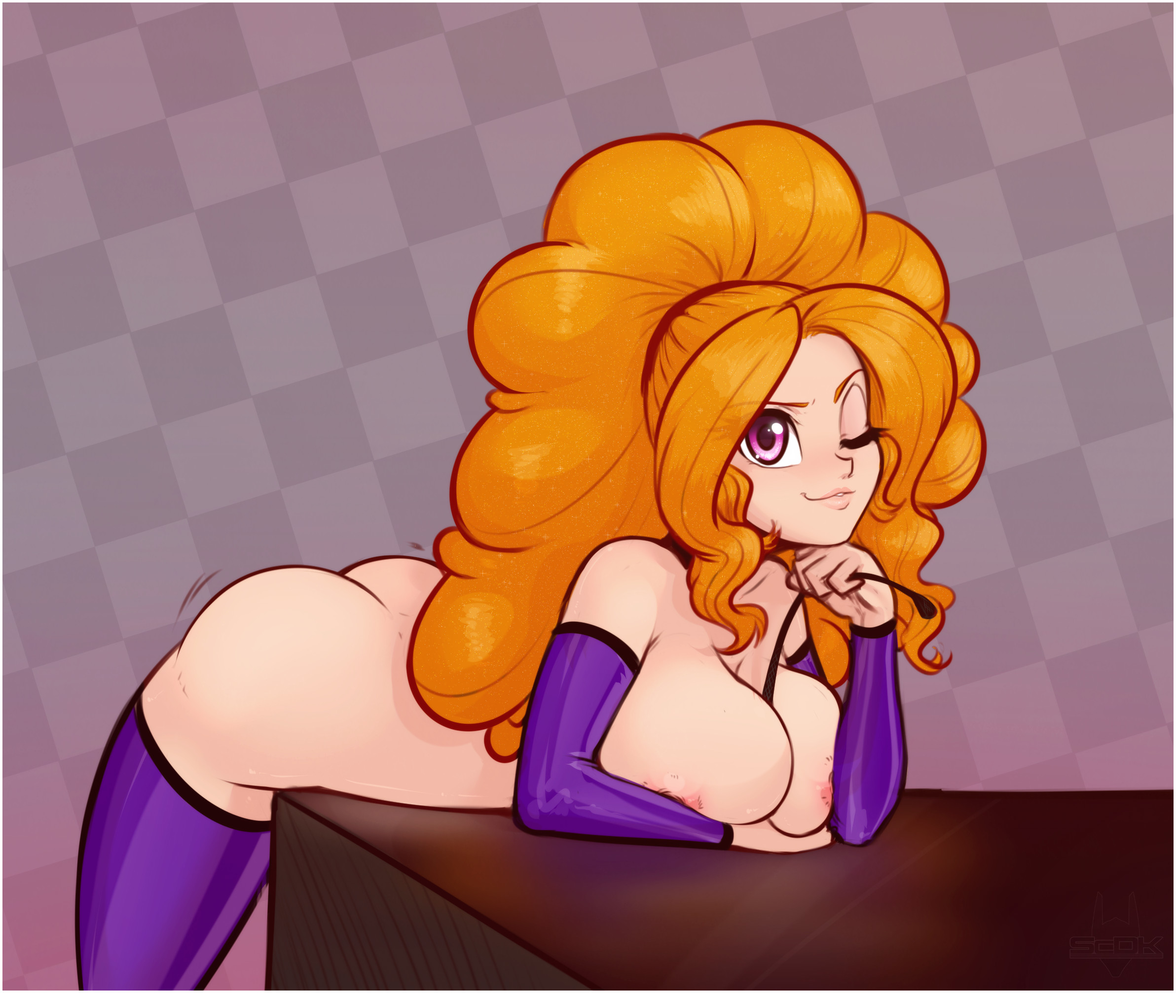 1girls, adagio dazzle, ass, bent over, between breasts, big hair, breasts, checkered, checkered background, cleavage, detached sleeves, equestria girls, female, friendship is magic, hasbro, hi res, highres, human, humanized, jiggle, large breasts, long hair, looking at viewer, my little pony, nipples, nude, orange hair, purple legwear, riding crop, scorpdk, smile, solo, thighhighs, wink