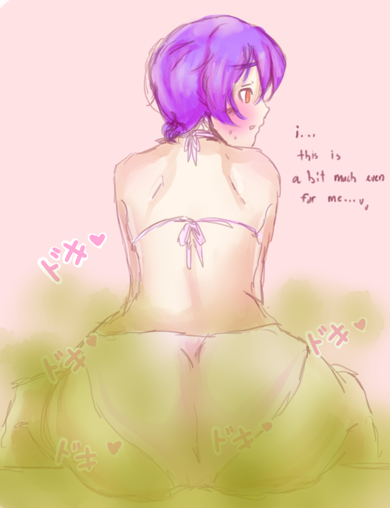 ass, back view, big ass, bikini, bubble ass, bubble butt, crossdressing, fart, fart cloud, fart fetish, farting, femboy, girly, huge ass, male, male fart, purple hair, shimkai