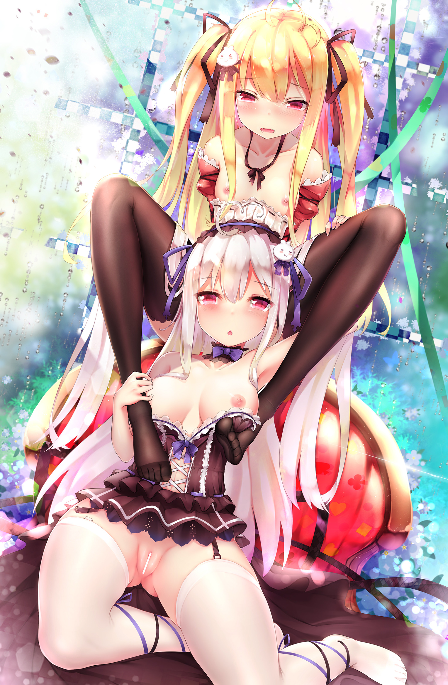 2girls, arm up, bangs, bar censor, bare shoulders, black choker, black hair, black legwear, blonde hair, blush, borrowed character, bow, breasts, censored, choker, collarbone, detached collar, dk.senie, eyebrows visible through hair, feet, female, flat chest, garter straps, hair ribbon, highres, long hair, looking at viewer, multiple females, multiple girls, nipples, no panties, no shoes, open mouth, original, purple bow, purple ribbon, pussy, red eyes, revision, ribbon, sitting, spread legs, thighhighs, tokisaki asaba, tokisaki mio, two side up, very long hair, white hair, white legwear, yuri