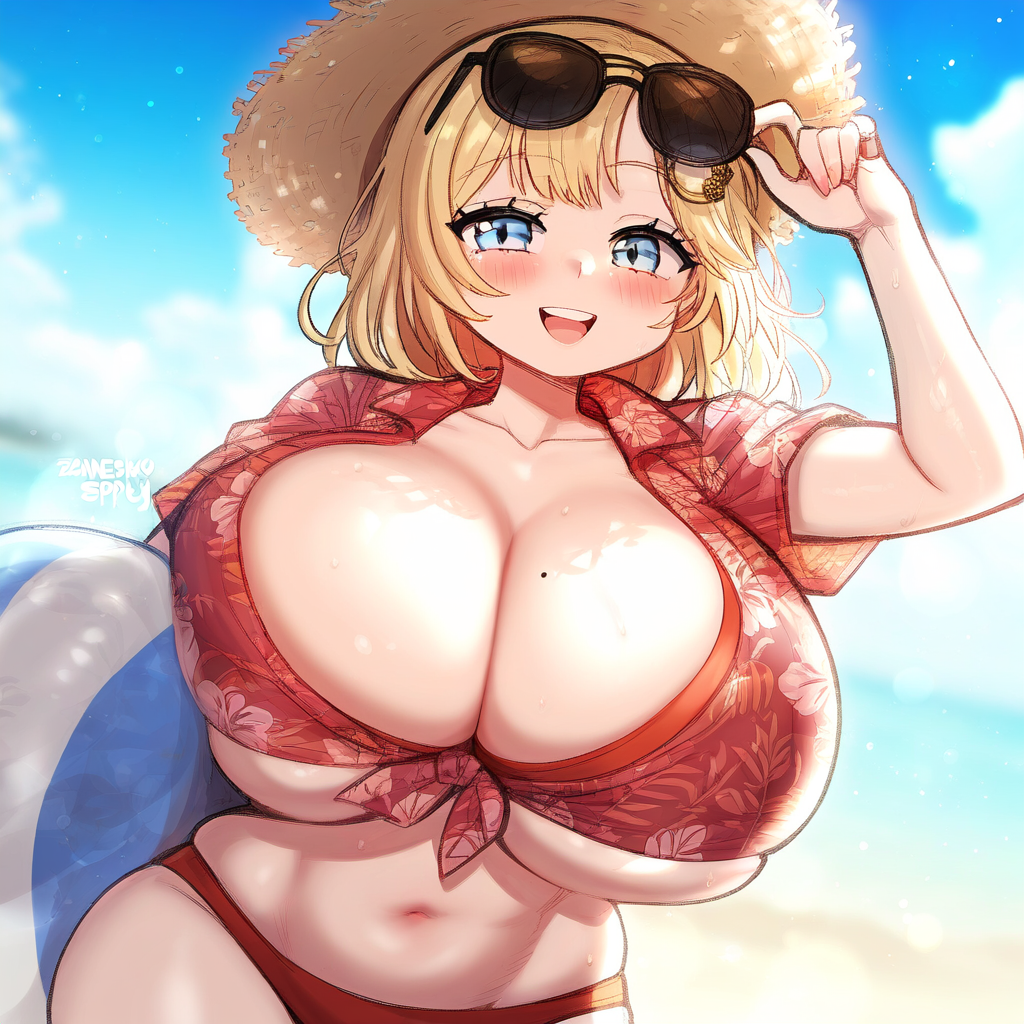 ai_generated ameanon beach beach_ball big_breasts bikini blonde_hair blue_eyes breasts breasts_bigger_than_head cleavage eyewear_on_head hawaiian_shirt holding_ball holding_beachball hololive hololive_english hololive_myth huge_breasts large_breasts mommy straw_hat sunglasses underboob virtual_youtuber vtuber watson_amelia