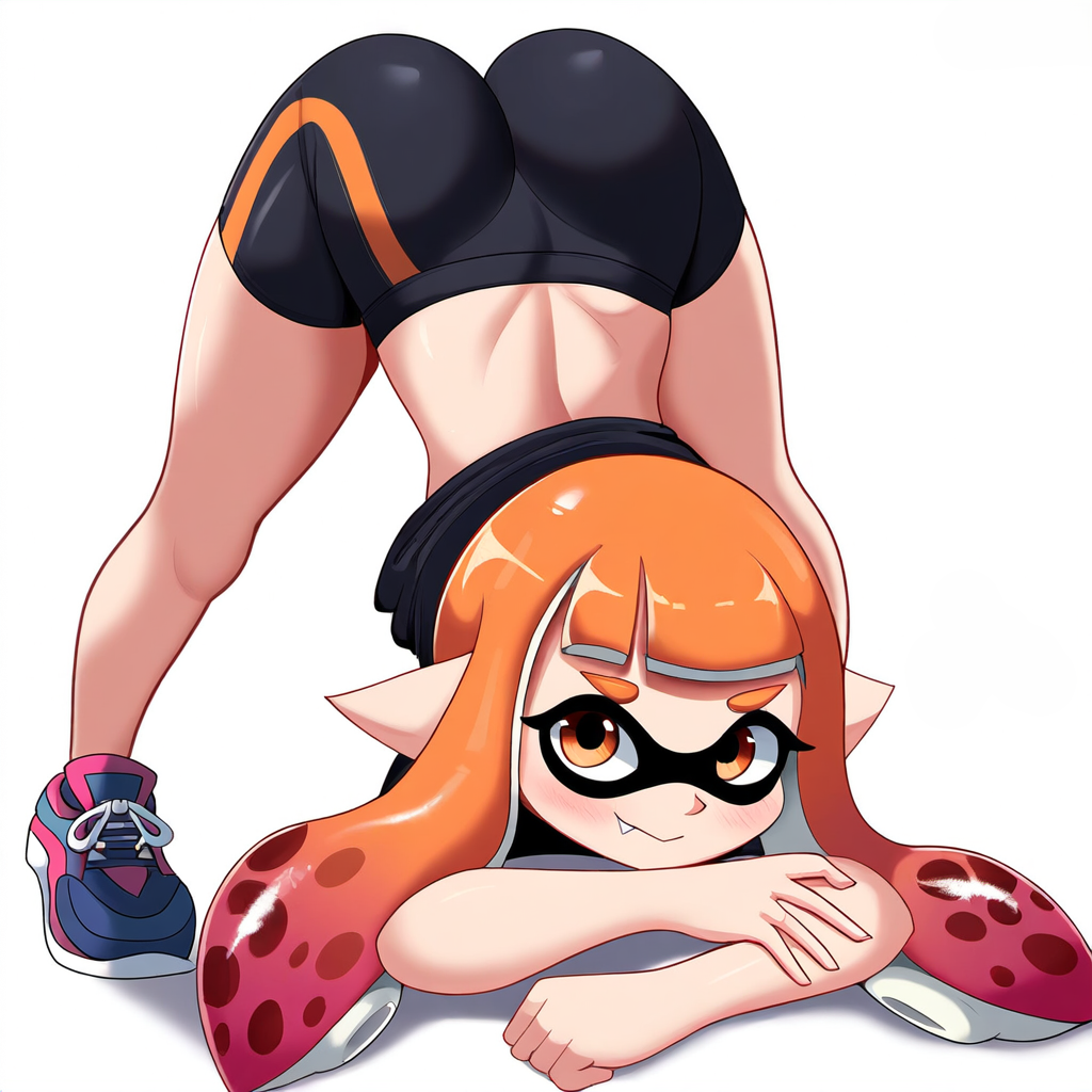 1girl 1girls 2024 2024s aged_up ai_generated ass ass_up bike_shorts black_shirt blush butt butt_up ewwwww_ai fang female female_focus female_only hair inkling inkling_girl jack-o'_challenge jack-o_pose kaori_(splatoon) nintendo novelai orange_eyebrows orange_eyes orange_hair pointy_ears shirt shoes short_shorts shorts simple_background splatoon splatoon_(series) tentacle_hair video_games white_background