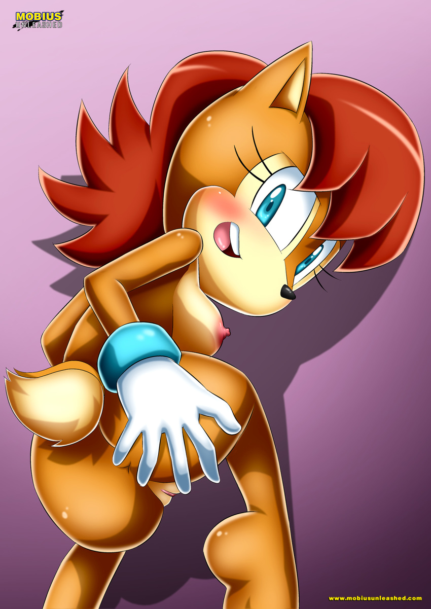 1girls, anthro, anthro only, archie comics, ass, bbmbbf, blue eyes, blush, breasts, brown fur, chipmunk, female, fur, furry, grabbing own ass, inviting, looking at viewer, mobius unleashed, nipples, no bra, no panties, nude female, palcomix, pussy, red hair, rodent, sally acorn, sega, smile, smiling, solo, solo female, sonic (series), sonic the hedgehog (archie), sonic the hedgehog (comics), sonic the hedgehog (series), squirrel, tail, vagina