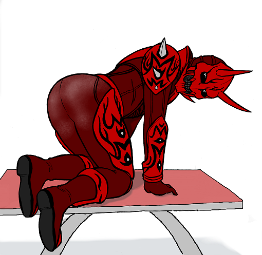 1boy 2_horns armor ass ass_focus bent_over black_eyes gravure imagin kamen_rider kamen_rider_den-o_(series) looking_at_viewer male_focus male_only momotaros on_table oni oni_horns pinup pinup_pose posing presenting_ass red_armor showing_ass solo table