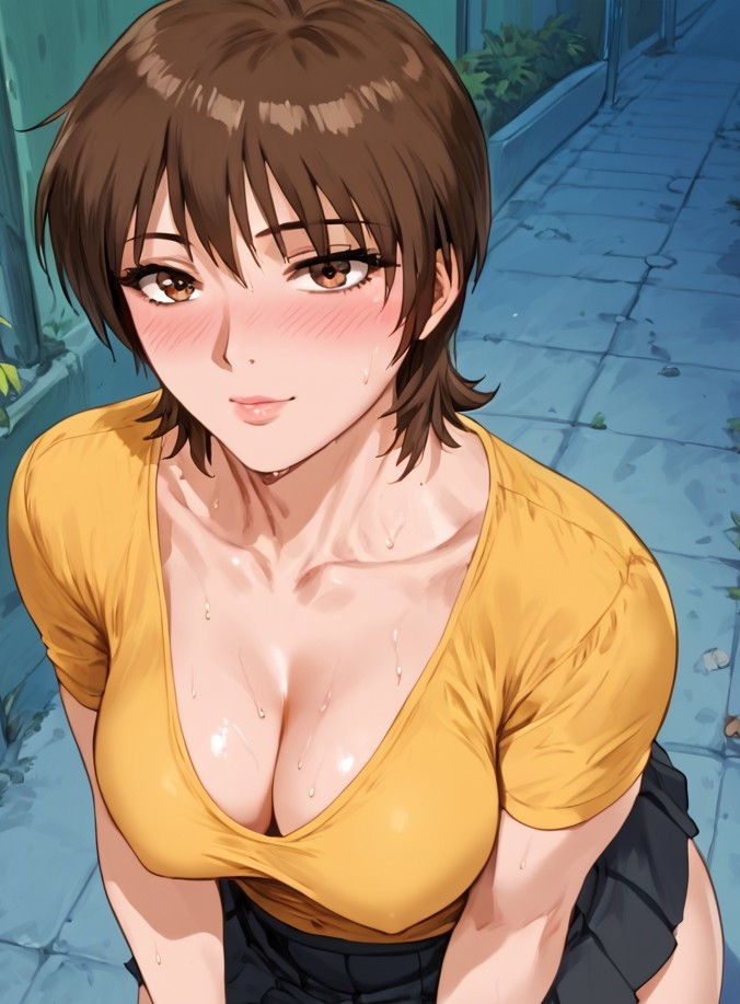 ai_generated blush breasts brown_eyes brown_hair cleavage female female_focus female_only fuyutsuki_azusa great_teacher_onizuka pink_lips shirt short_hair skirt sweaty yellow_shirt