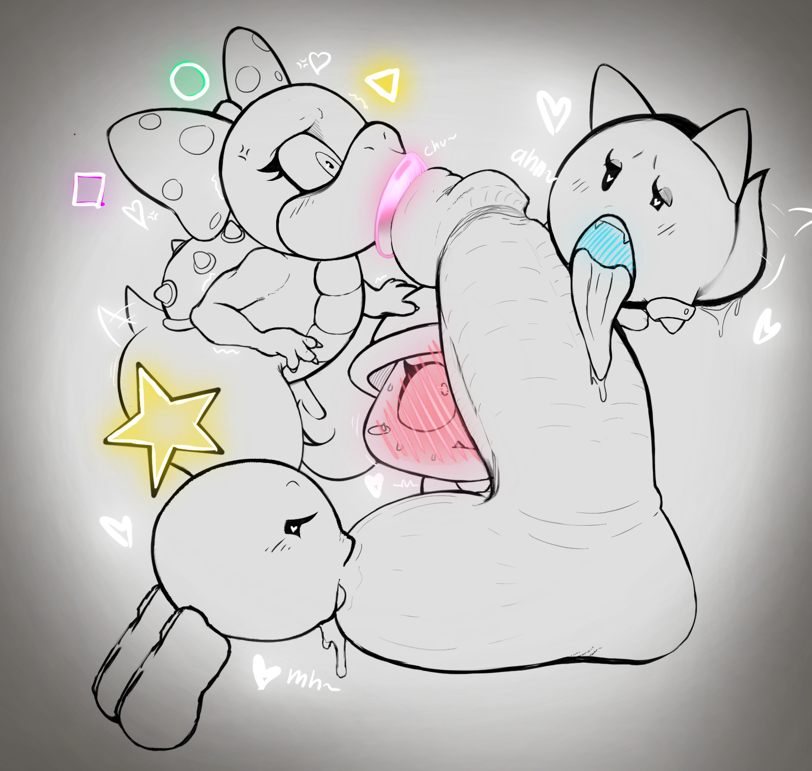 annoyed, big penis, bigeggguy, cock hungry, cock worship, fellatio, goombella, heart-shaped pupils, huge cock, lahla, mario (series), neon lights, paper mario, penis awe, penis on face, starlow, sucking, waddling head, wendy o. koopa