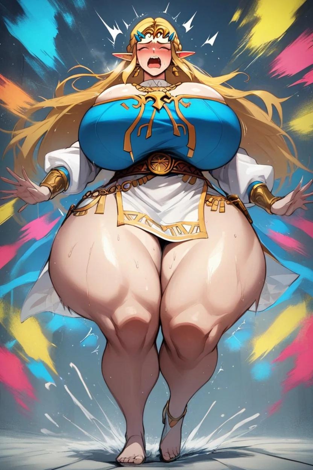 1girls ai_generated ass big_ass big_breasts breasts breasts curvy_female curvy_figure gigantic_ass gigantic_breasts hi_res huge_breasts looking_at_viewer nude nude_female pale-skinned_female princess princess_zelda queen royalty solo solo_female sweat sweating the_legend_of_zelda