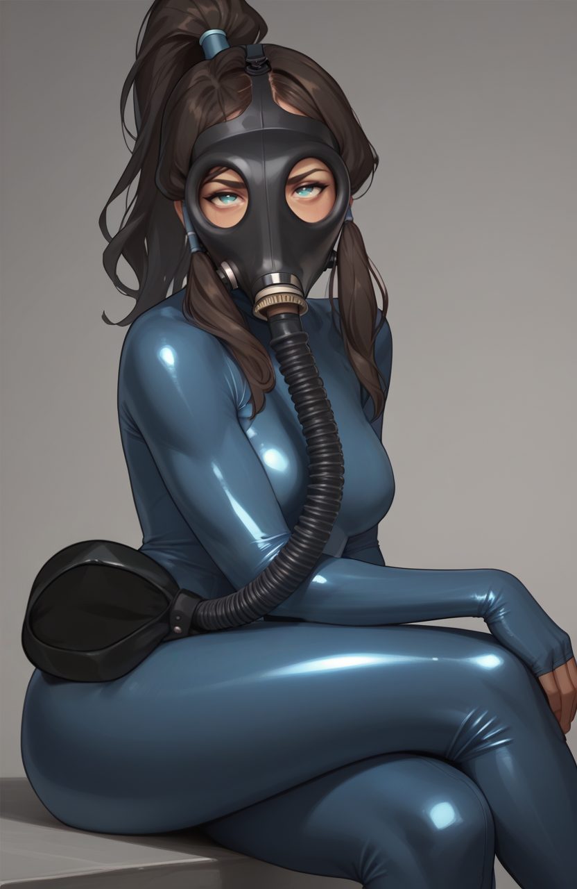 1girls ai_generated asphyxiation avatar_legends breathplay crossed_legs female gas_mask gasmask korra latex latex_bodysuit nordslate rebreather rebreather_bag the_avatar the_legend_of_korra water_tribe