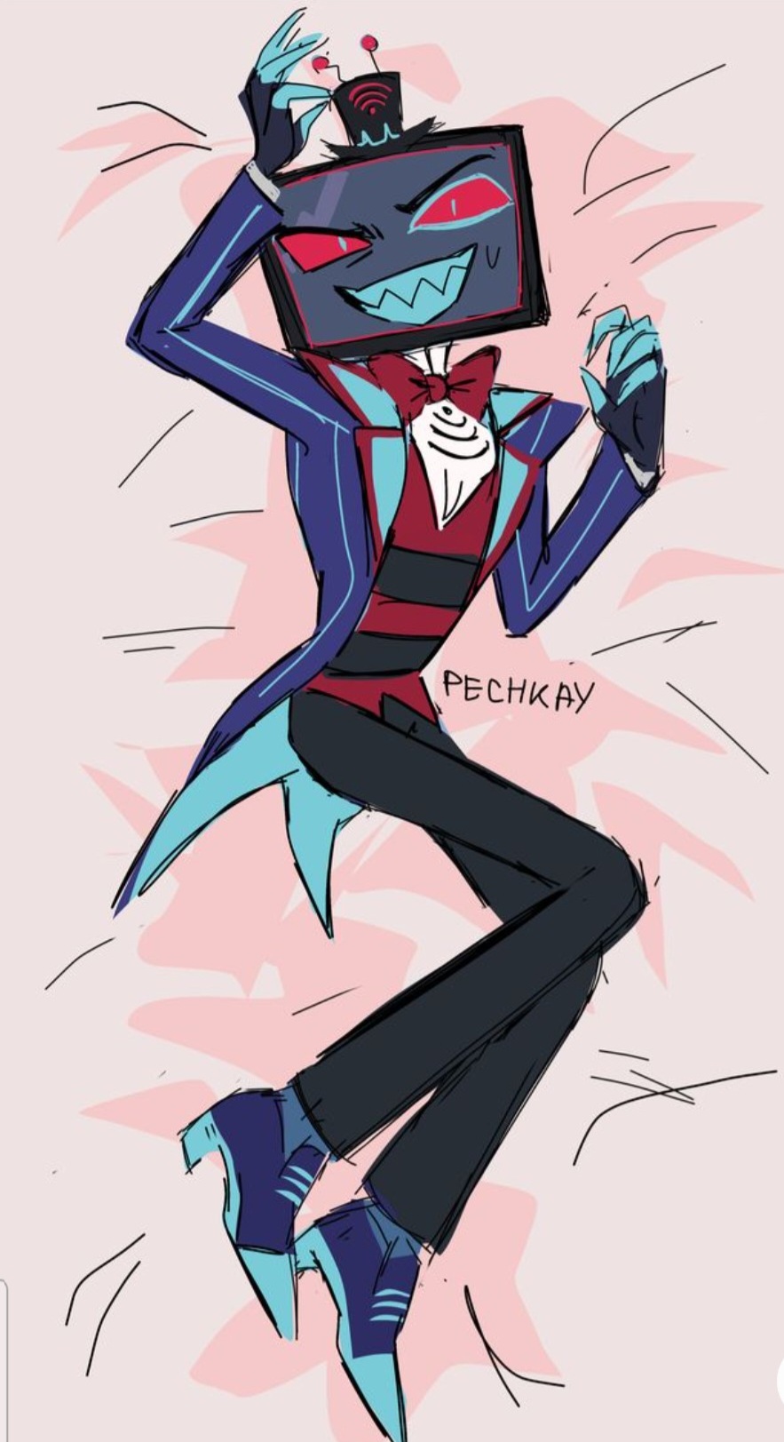 1boy bed bed_sheet body_pillow body_pillow_design bowtie coat dakimakura dakimakura_design demon demon_boy fully_clothed hat hazbin_hotel object_head on_bed pants shoes solo_male suggestive top_hat topwear tv_head vox_(hazbin_hotel)