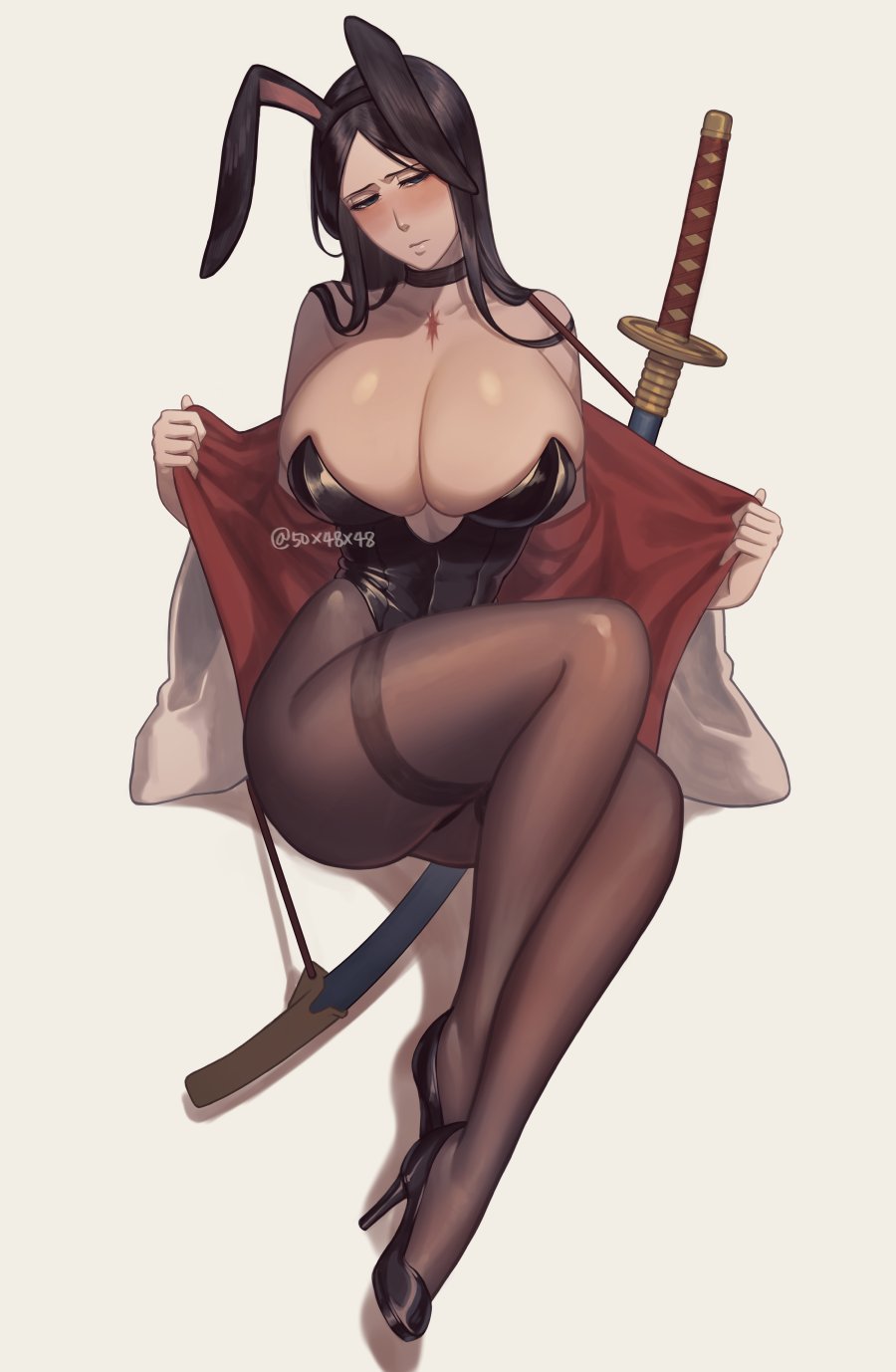 1girls 50x48x48 artist_name big_breasts black_hair blank_background bleach breast_squish breasts bunny_ears bunny_girl bunnysuit cleavage collar female heels high_heels huge_breasts leotard opening_shirt pantyhose scar solo solo_focus sword thick_thighs thighs unohana_retsu